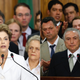 At left, President Dilma Rousseff speaks to supporters after the Senate voted to accept impeachment charges against her on May 12. At right, Interim President Michel Temer attends a signing ceremony for new government ministers that same day.